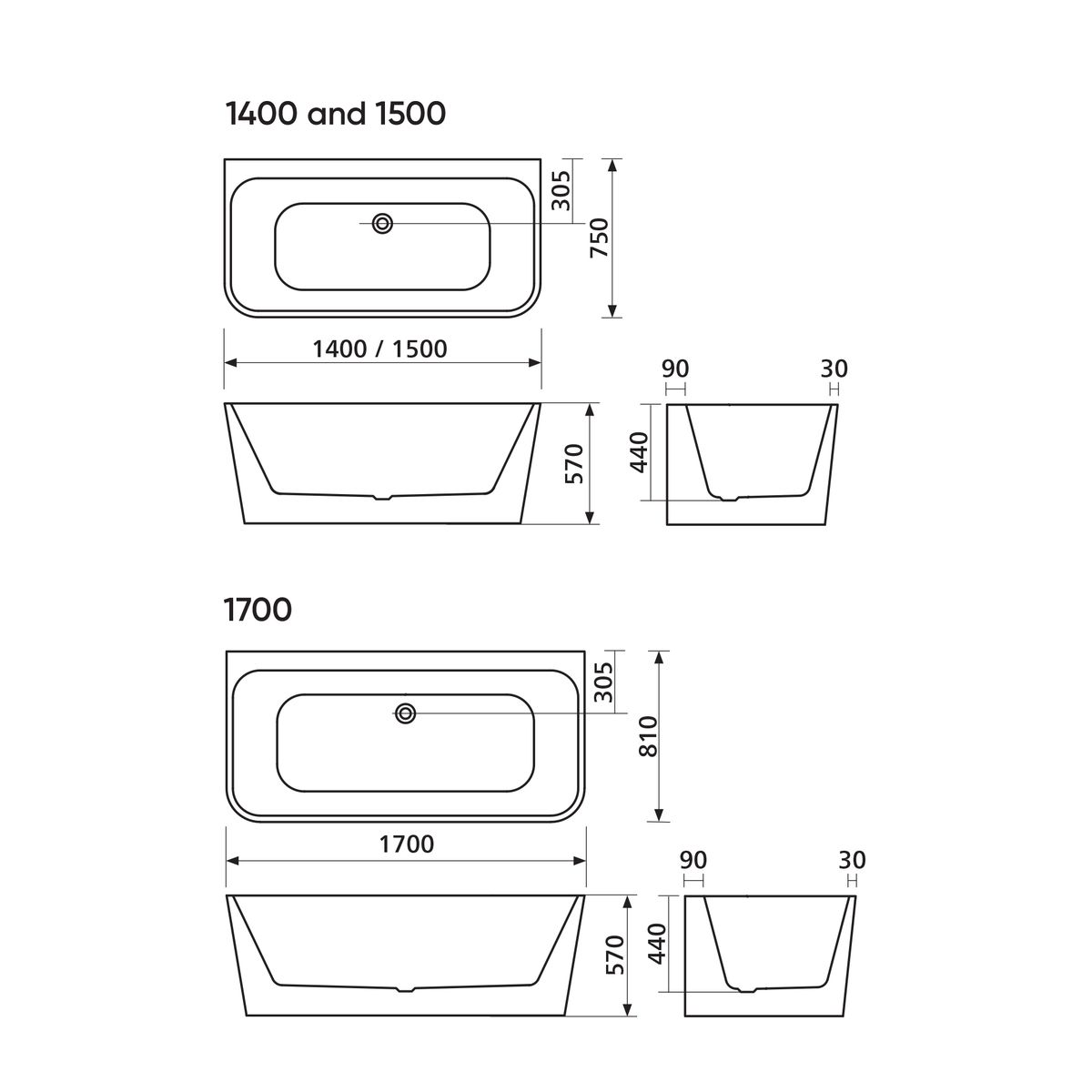 Plati 135 Back-to-Wall Freestanding Bath - 1500mm