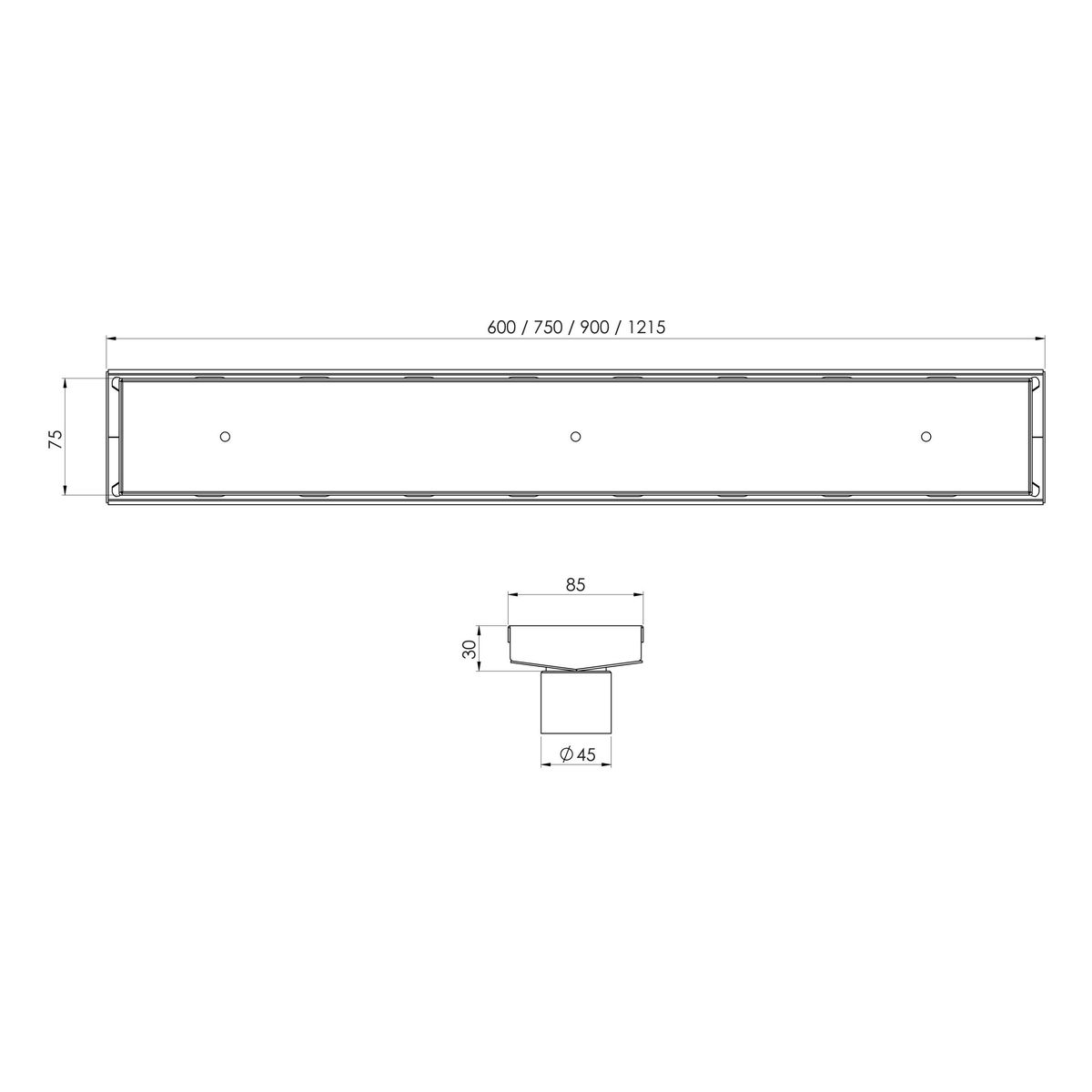 Phoenix V Channel Drain TI 75 x 600mm Outlet 45mm - Stainless Steel
