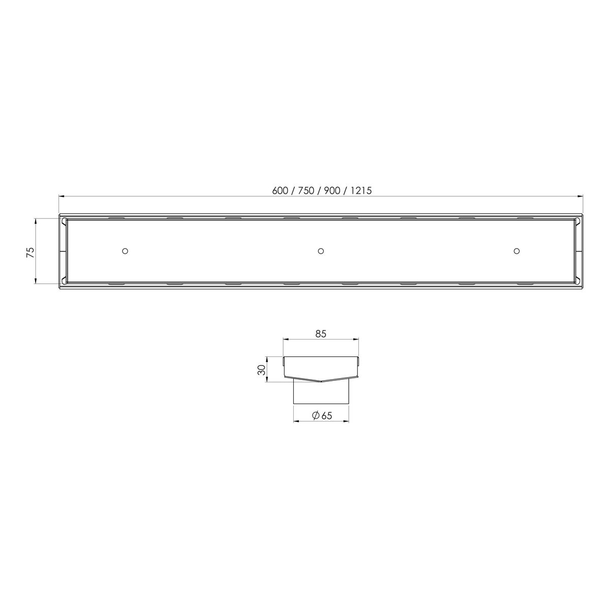 Phoenix V Channel Drain TI 75 x 900mm Outlet 65mm - Matte Black