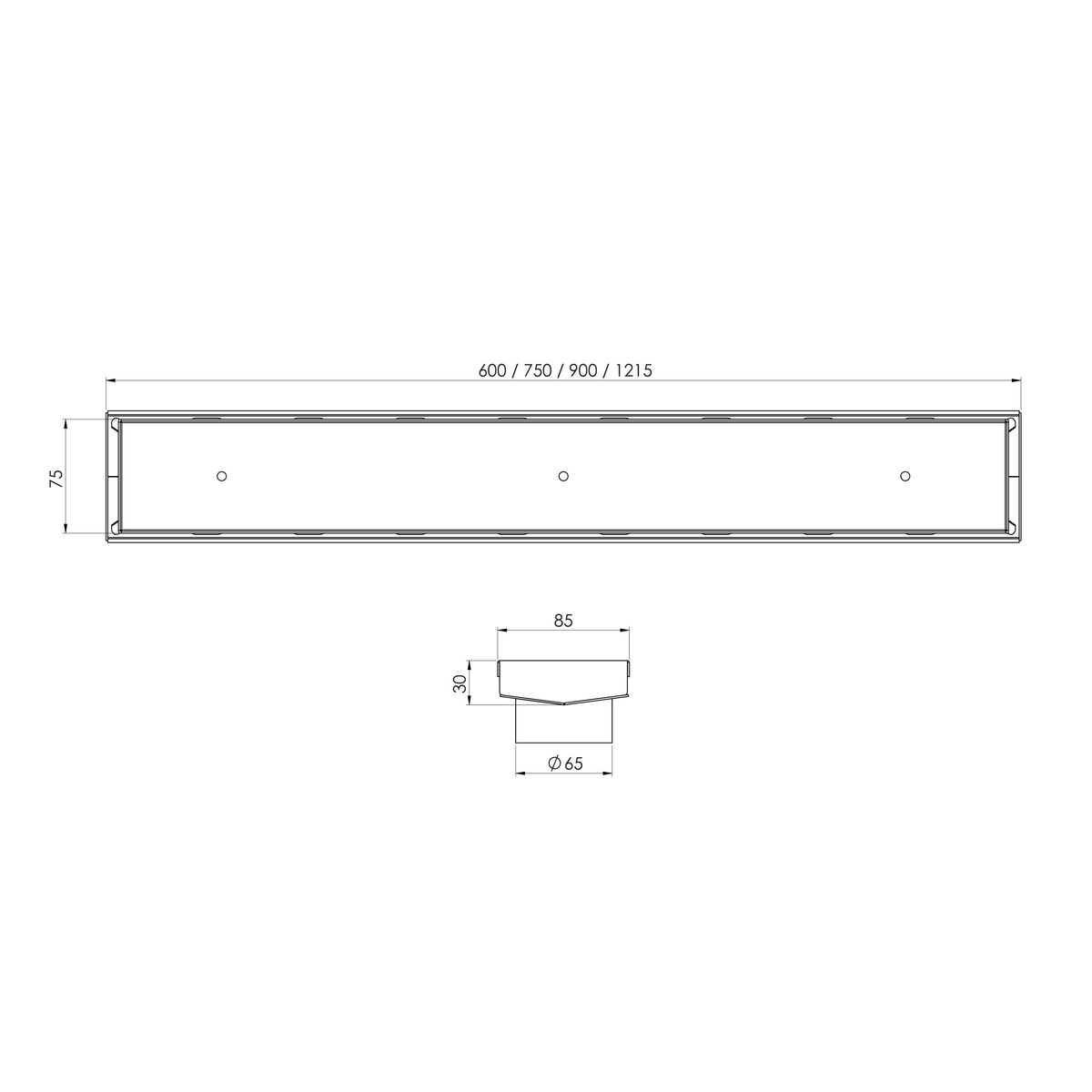 Phoenix V Channel Drain TI 75 x 1215mm Outlet 65mm - Matte Black