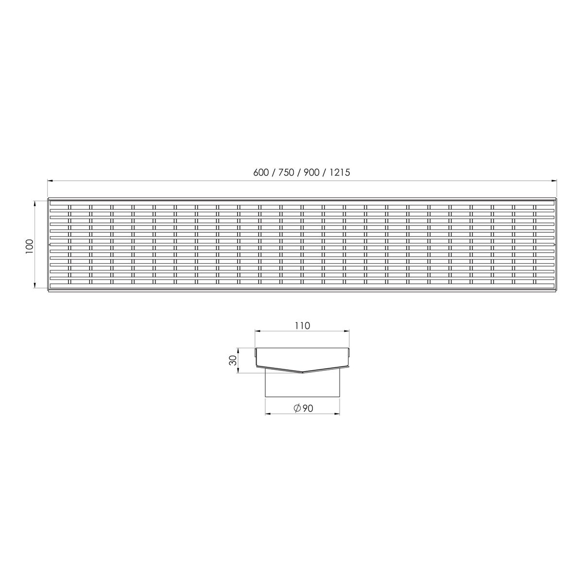 Phoenix V Channel Drain HG 100 x 600mm Outlet 90mm