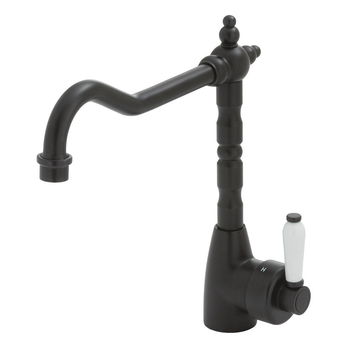 Fienza Eleanor Shepherds Crook Sink Mixer, Matte Black/Ceramic