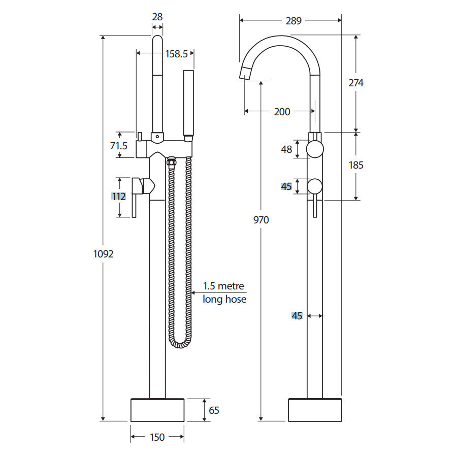 Kaya Floor Mounted Bath Mixer With Hand Shower, Brushed Copper