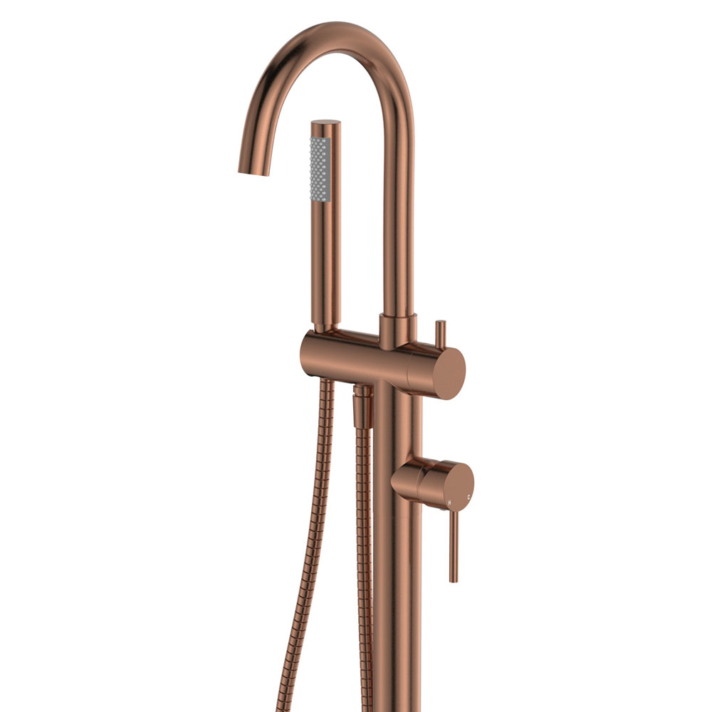 Kaya Floor Mounted Bath Mixer With Hand Shower, Brushed Copper