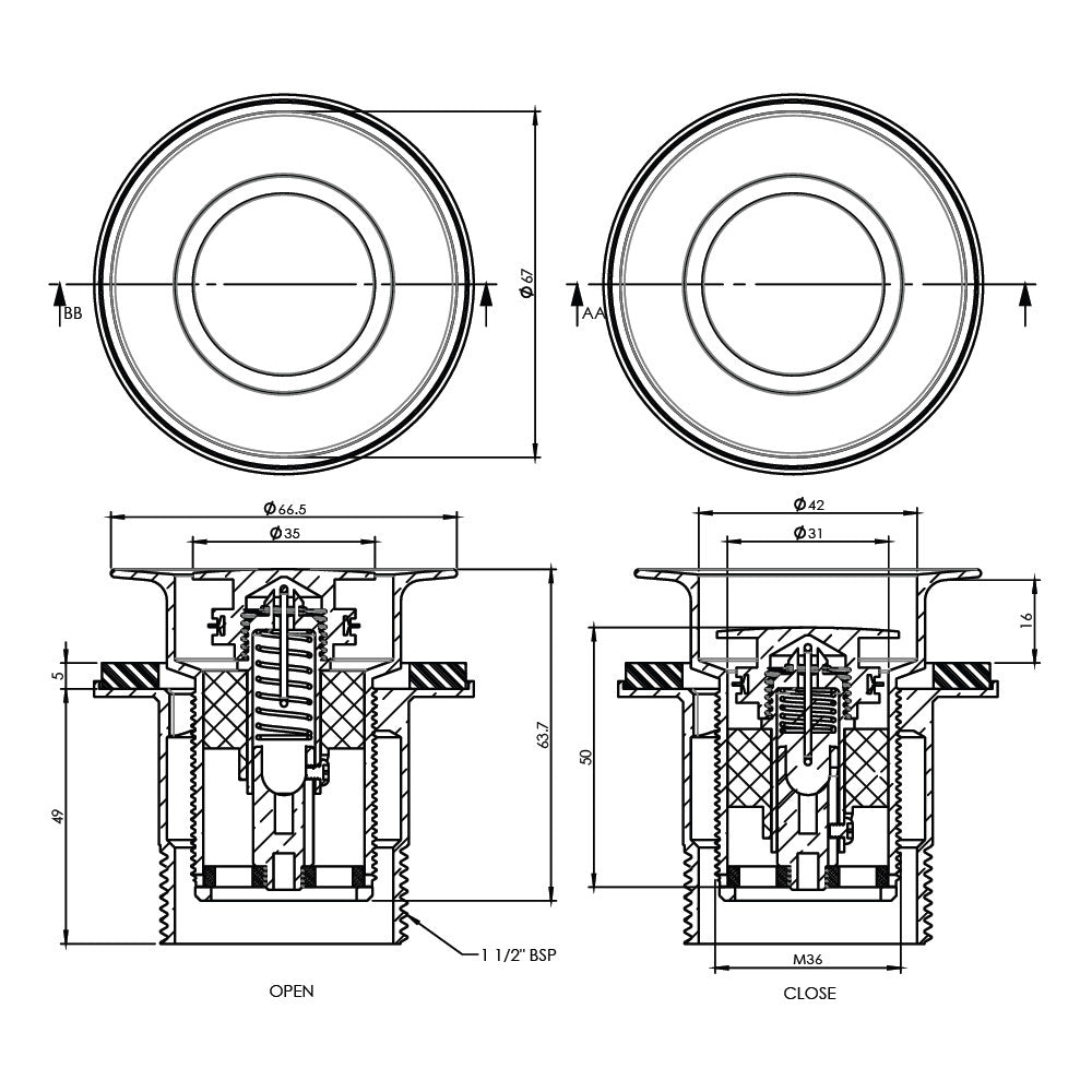P&W Brass Bath Pop Down Overflow 40mm, Chrome