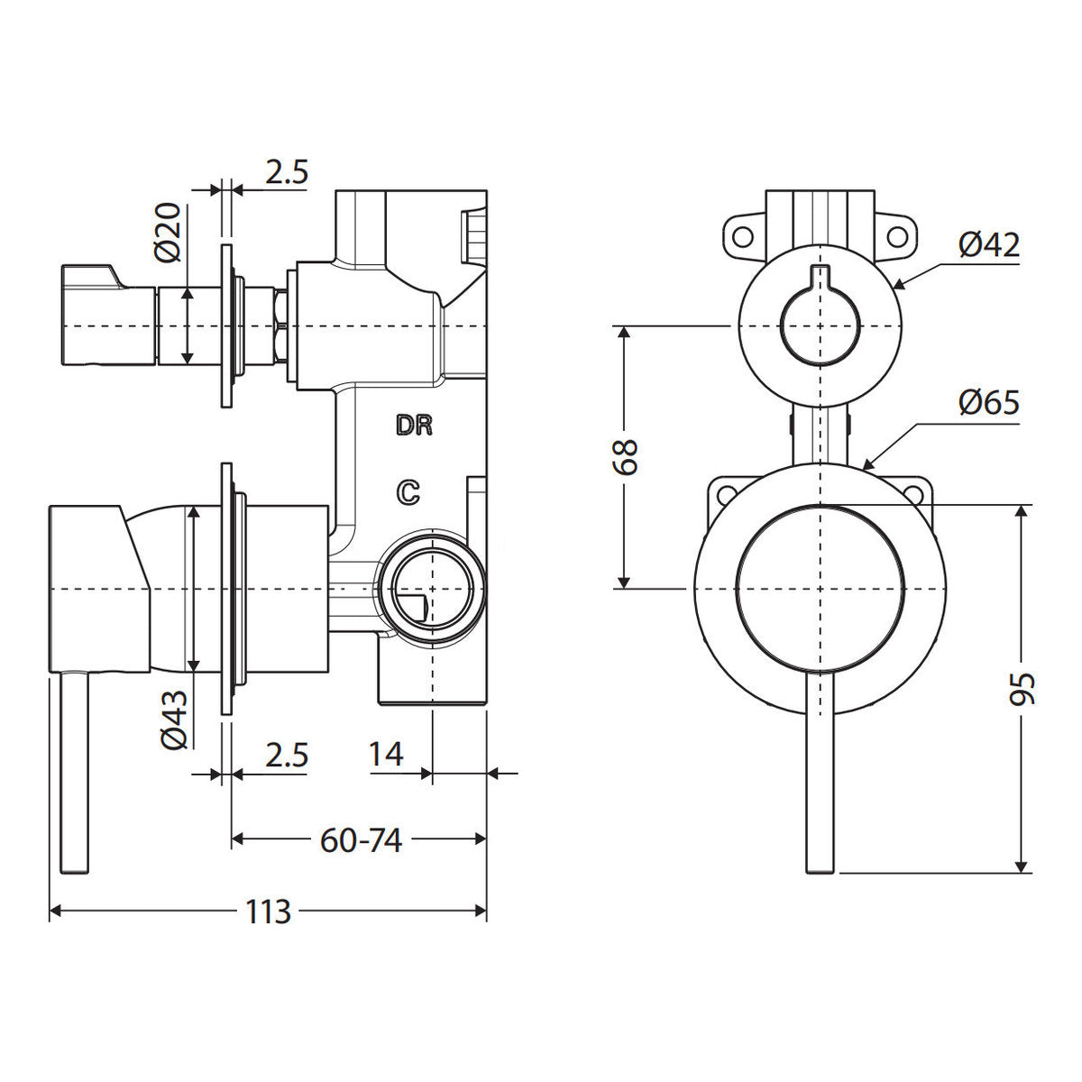 Fienza Kaya Wall Diverter Mixer, Small Round Plates, Chrome