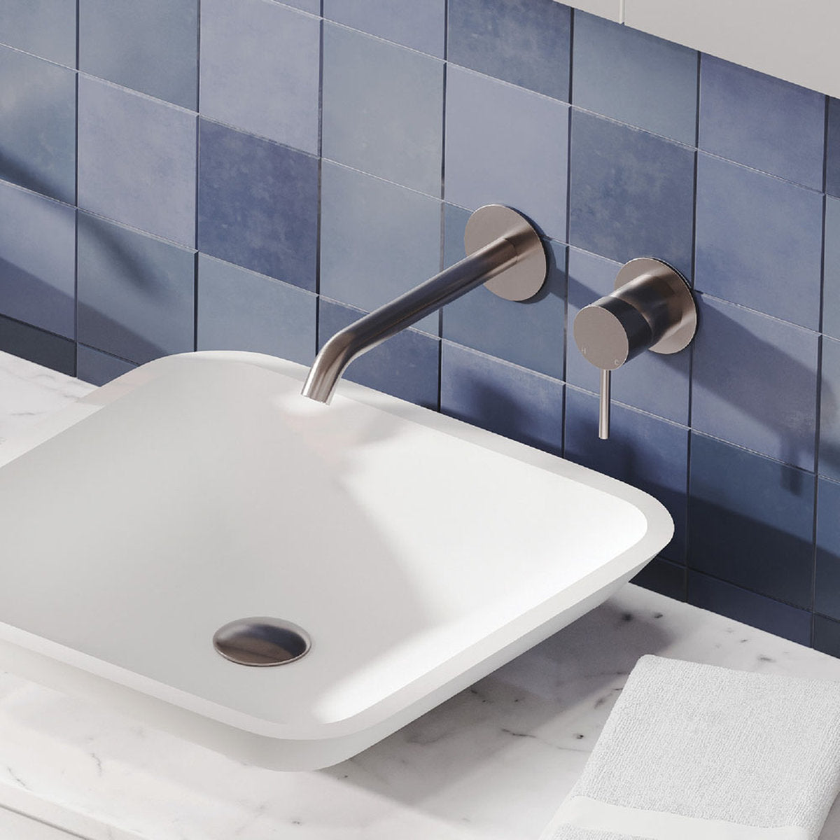 Fienza Kaya Basin/Bath Wall Mixer Set, Round Plates, 160mm Outlet, Brushed Nickel