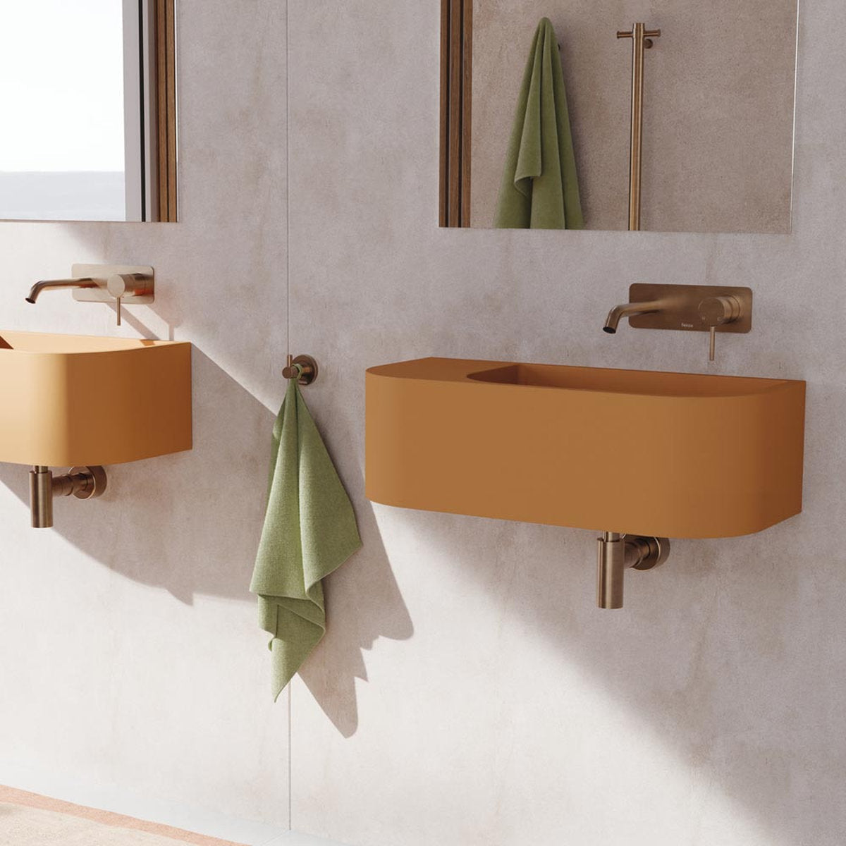 Fienza Kaya Basin/Bath Wall Mixer Set, Round Plates, 160mm Outlet, Brushed Copper - Lead Free