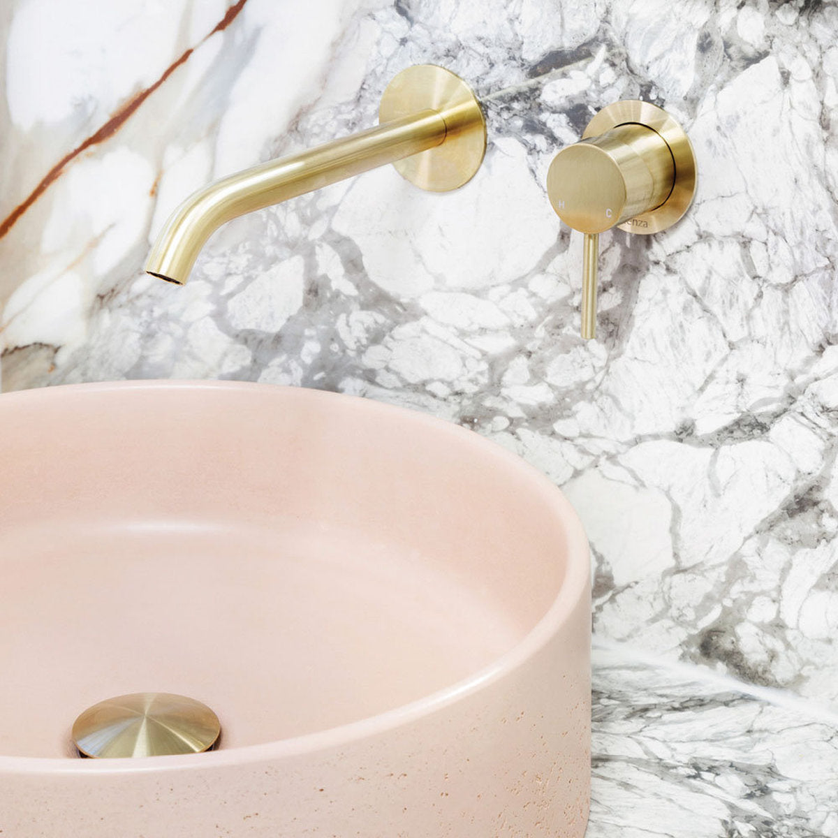Fienza Kaya Basin/Bath Wall Mixer Set, Round Plates, 200mm Outlet, Urban Brass - Lead Free