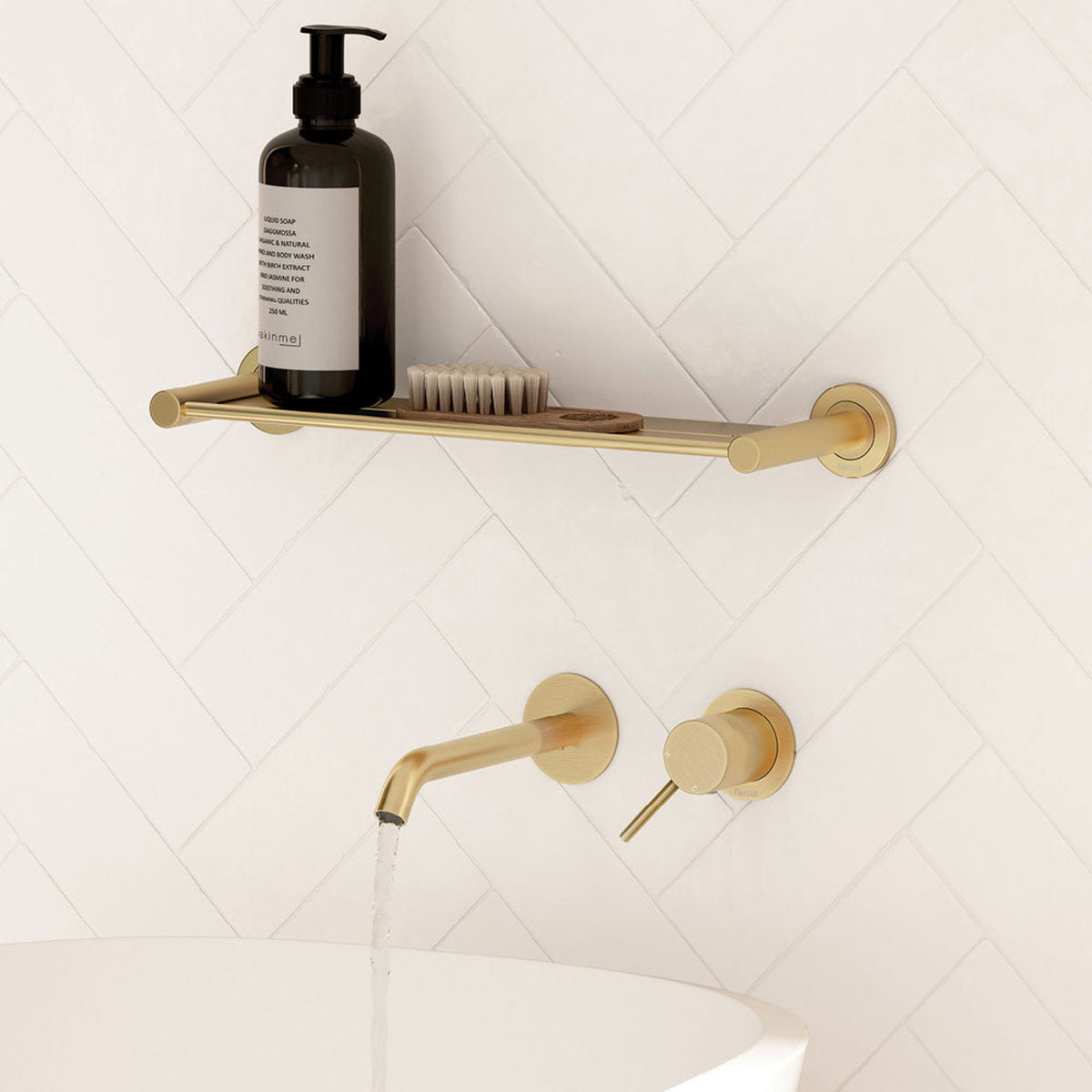 Fienza Kaya Basin/Bath Wall Mixer Set, Round Plates, 160mm Outlet, Urban Brass
