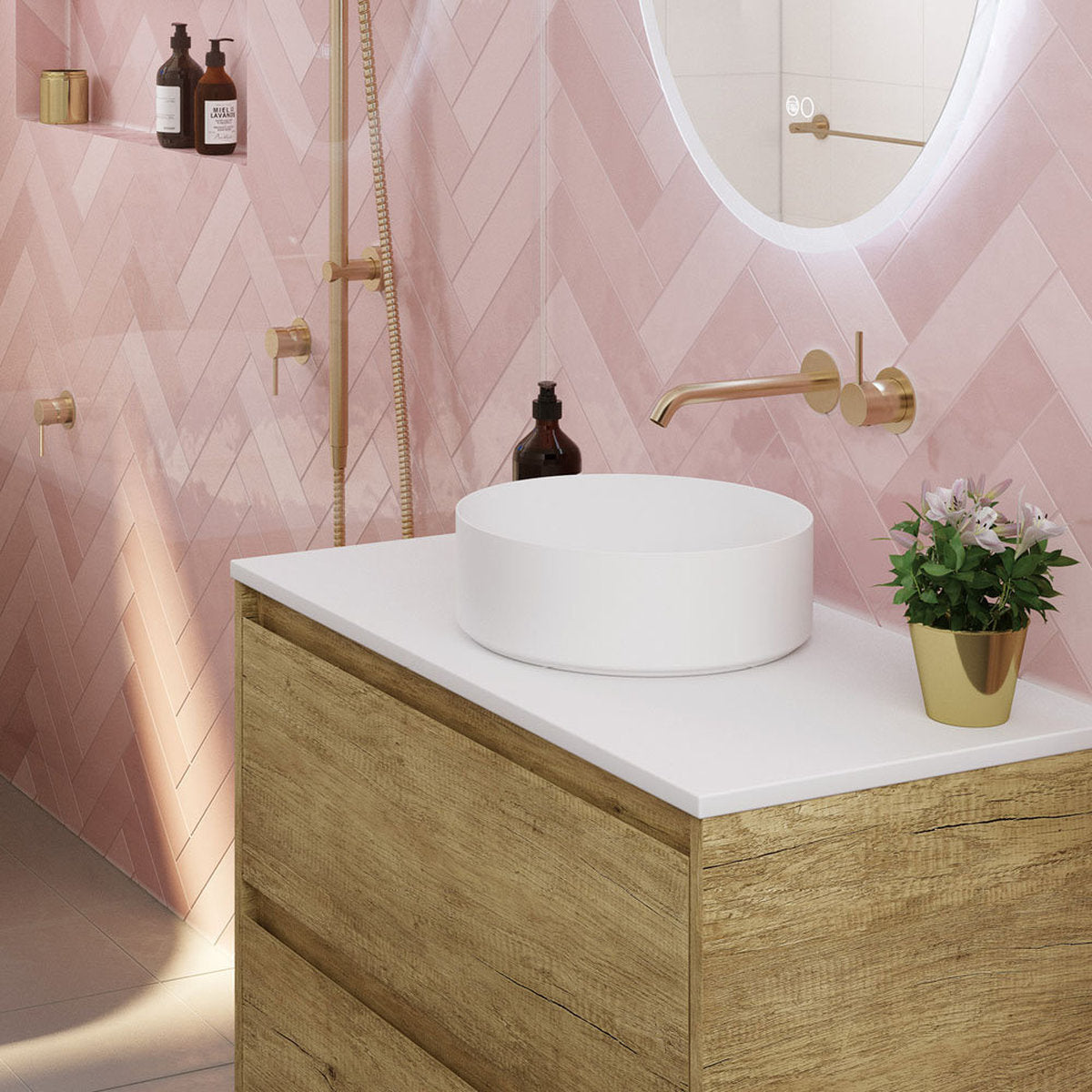 Fienza Kaya Up Basin/Bath Wall Mixer Set, Round Plates, 200mm Outlet, Urban Brass - Lead Free