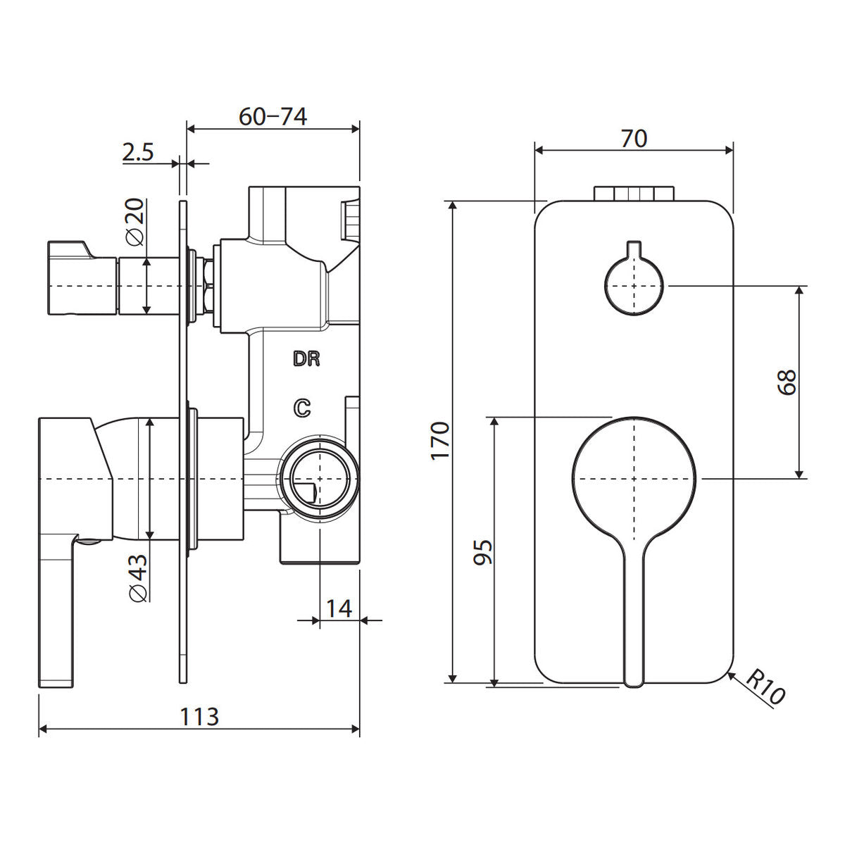 Fienza Sansa Wall Diverter Mixer, Rectangular Plate, Gun Metal