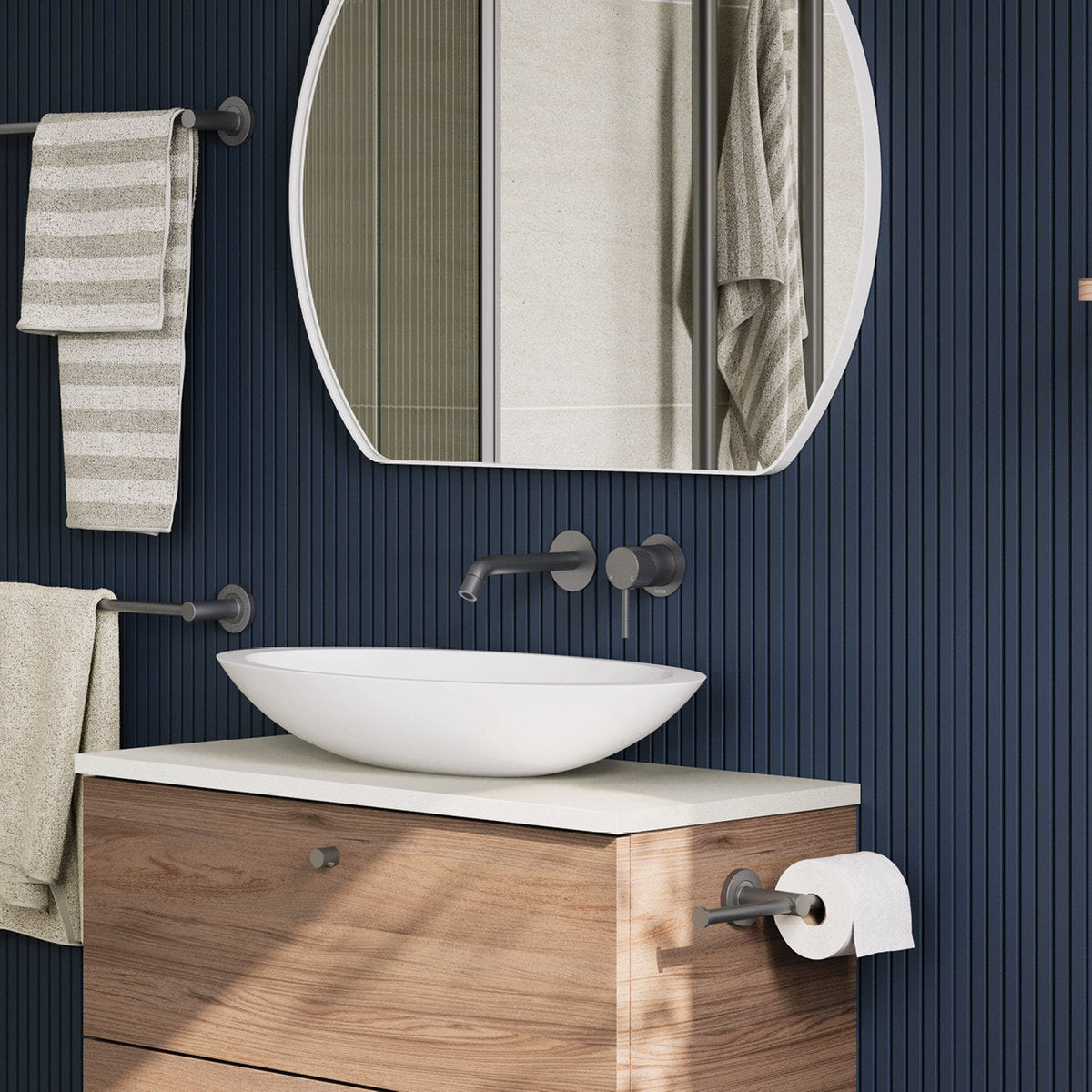 Fienza Axle Wall Basin/Bath Mixer Set, Round Plates, 160mm Outlet, Gun Metal