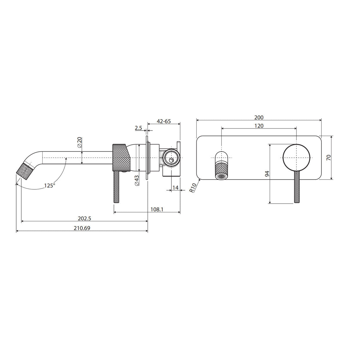 Fienza Axle Wall Basin/Bath Mixer Set, Rectangular Plate, 200mm Outlet, Gun Metal