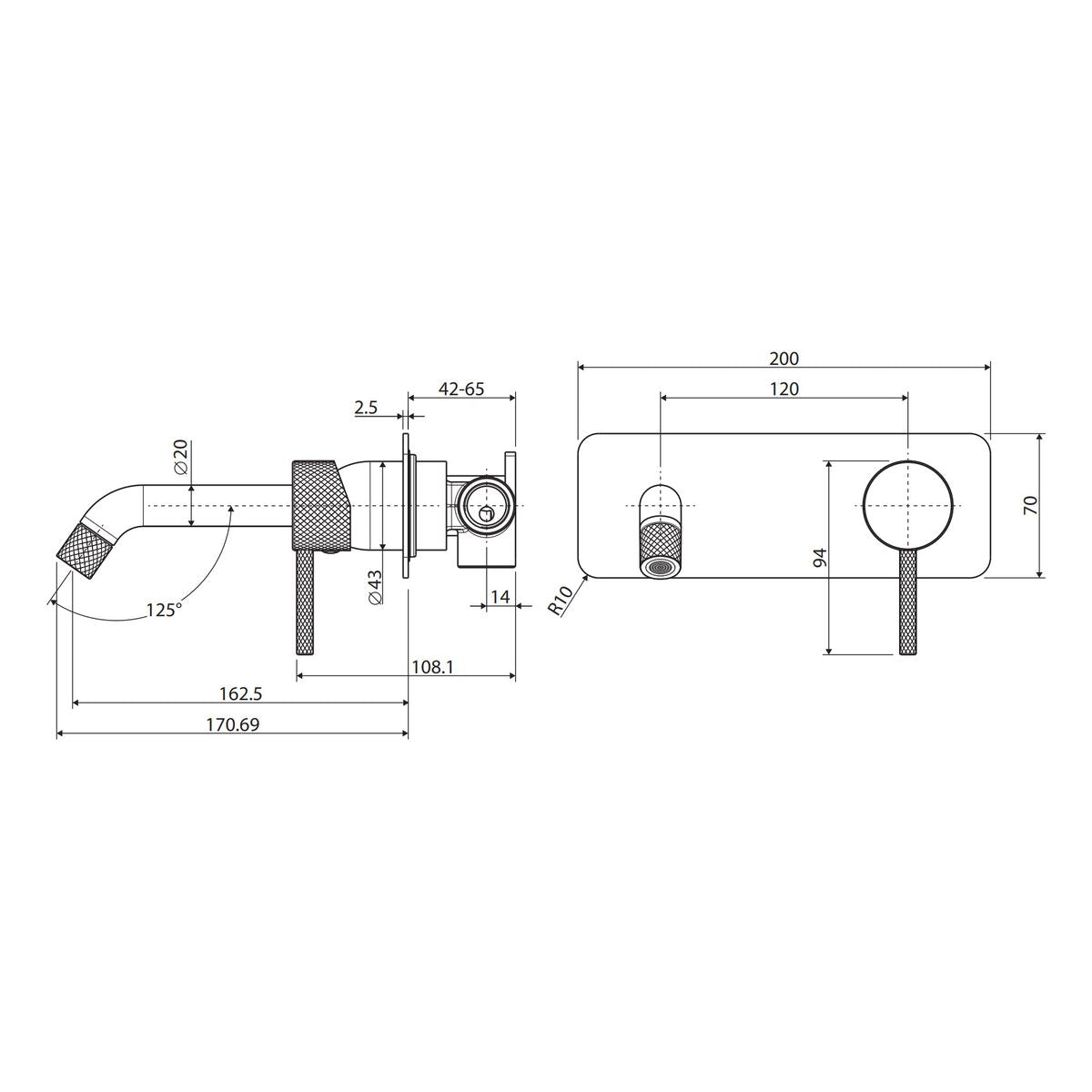 Fienza Axle Wall Basin/Bath Mixer Set, Rectangular Plate, 160mm Outlet, Gun Metal