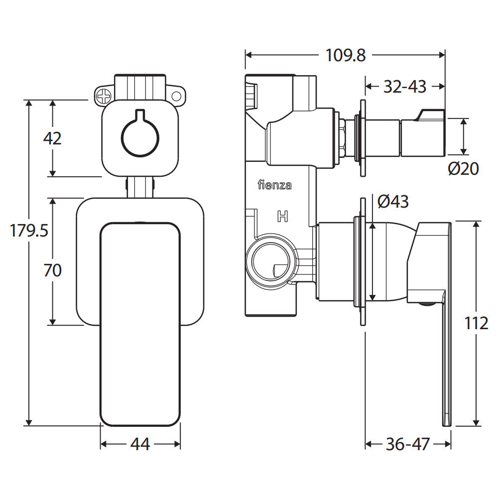 Fienza Tono Wall Diverter Mixer, Square Plates, Gun Metal