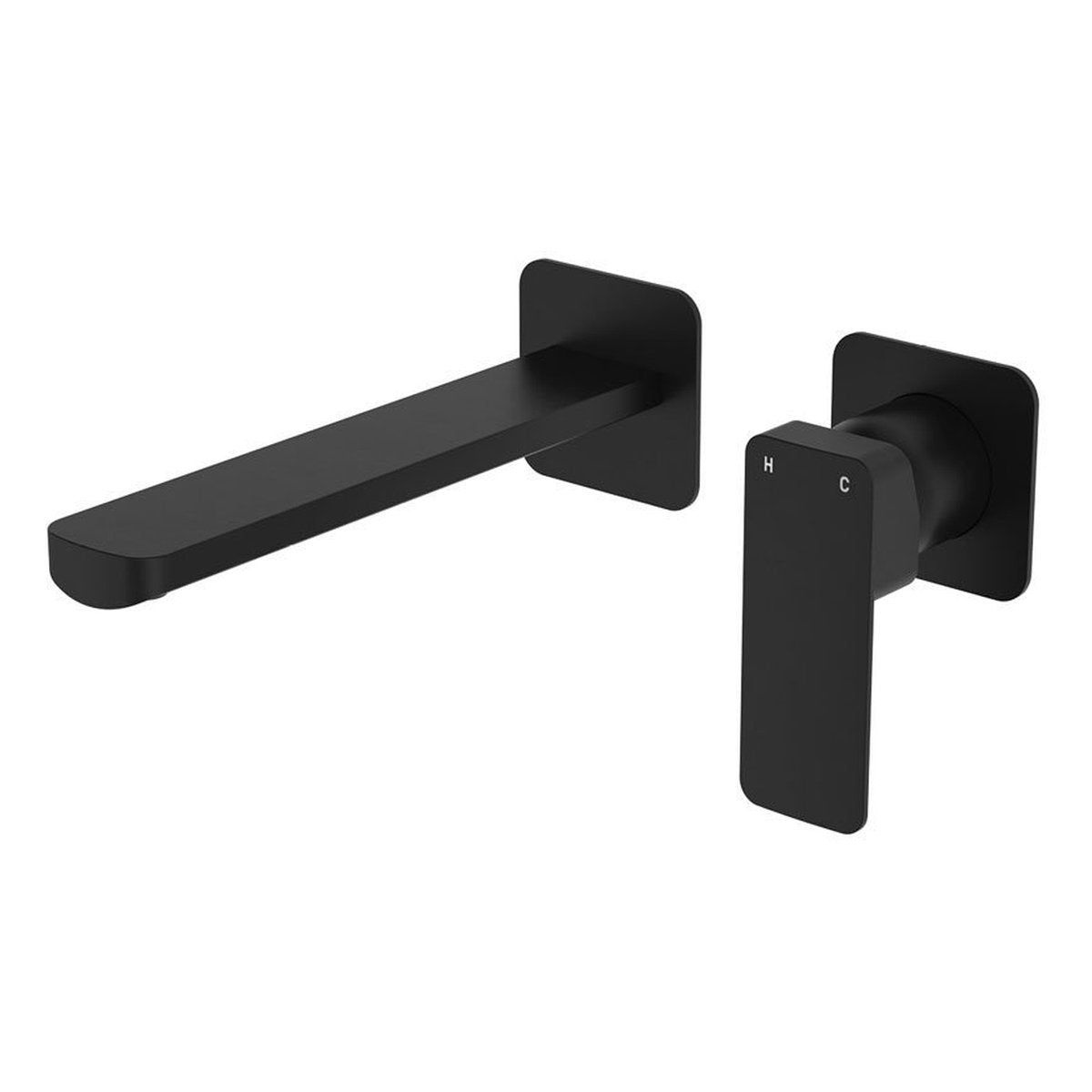 Fienza Tono Basin/Bath Wall Mixer Set, Square Plates, 200mm Outlet, Matte Black - Lead Free