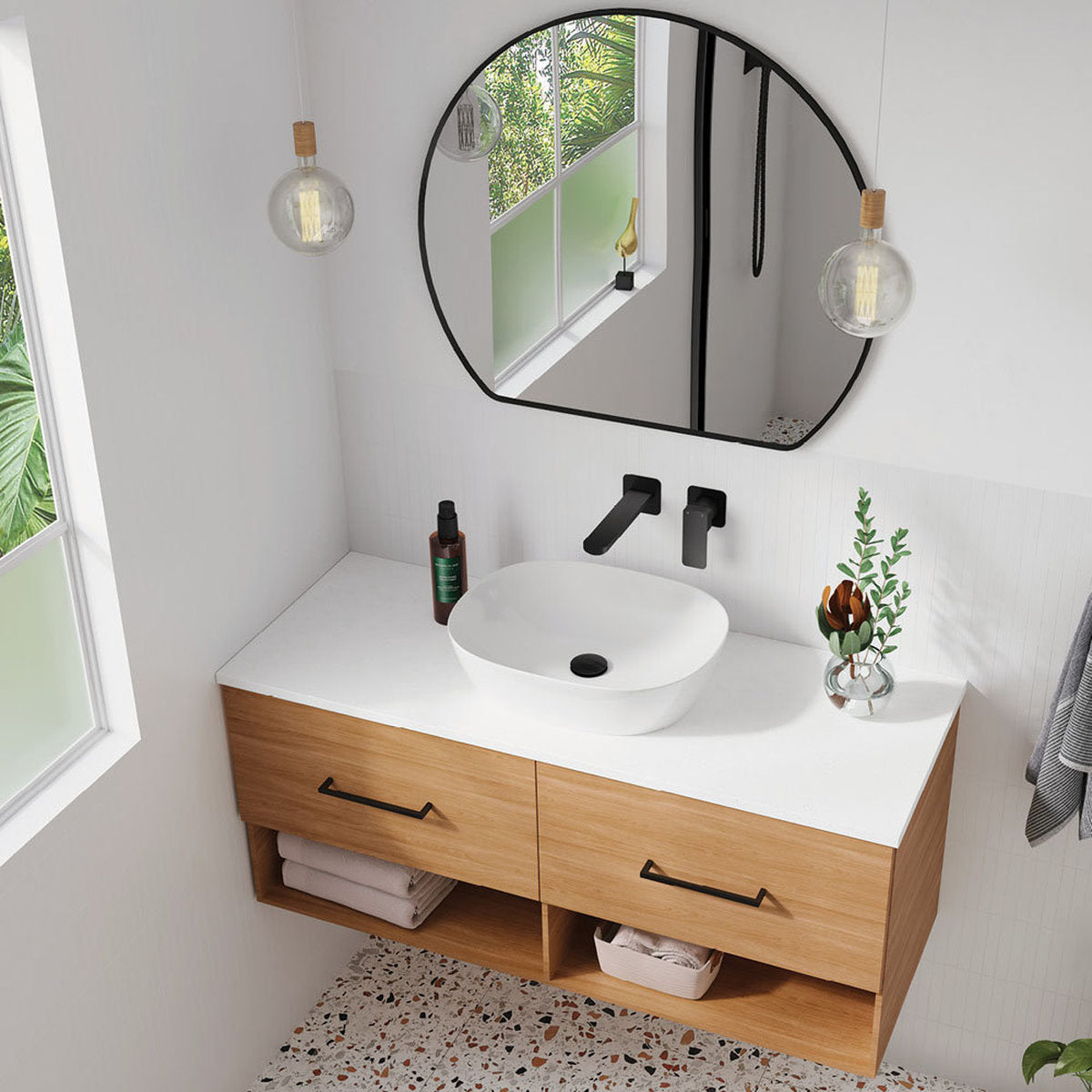 Fienza Tono Basin/Bath Wall Mixer Set, Square Plates, 200mm Outlet, Matte Black - Lead Free