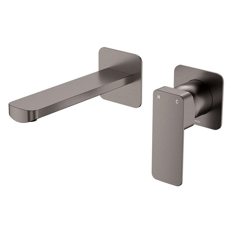 Fienza Tono Basin/Bath Wall Mixer Set, Square Plates, 160mm Outlet, Gun Metal