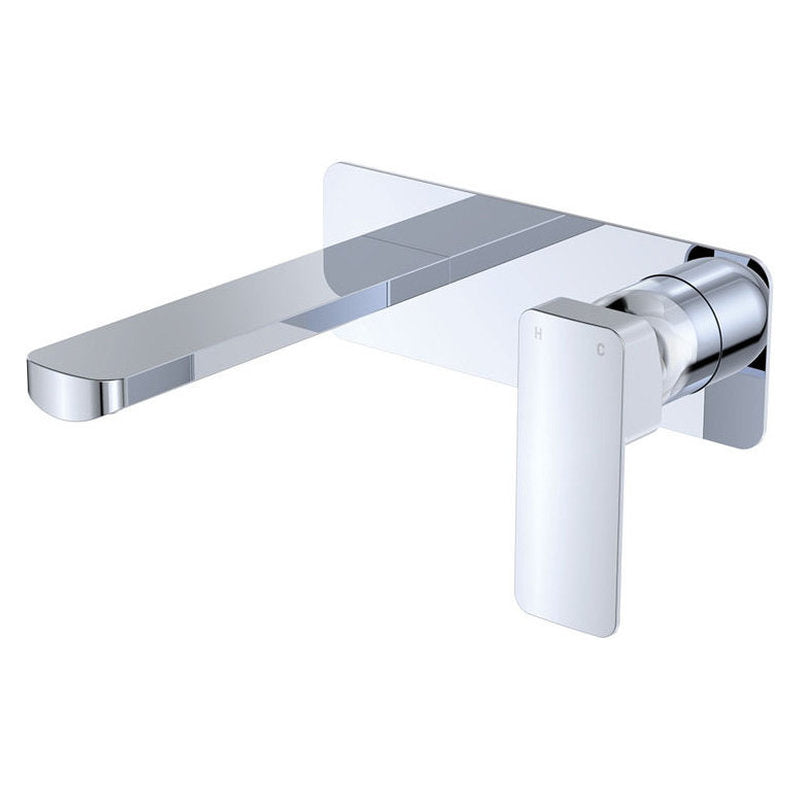 Fienza Tono Basin/Bath Wall Mixer Set, Rectangular Plate, 200mm Outlet, Chrome