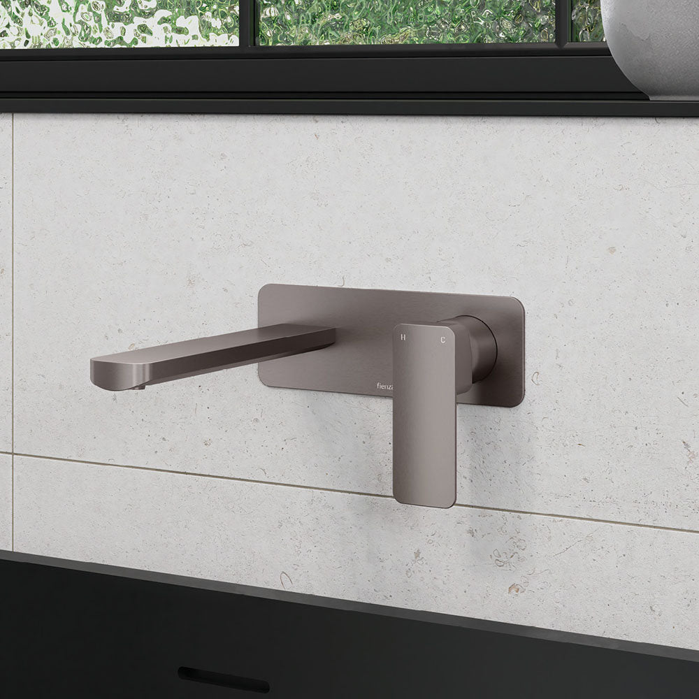 Fienza Tono Basin/Bath Wall Mixer Set, Rectangular Plate, 160mm Outlet, Gun Metal