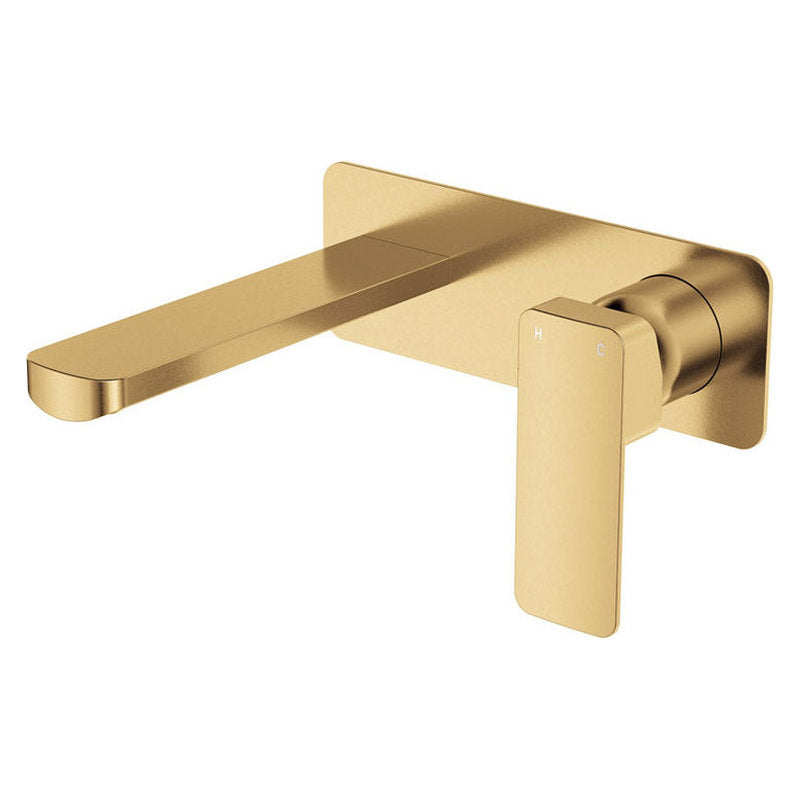 Fienza Tono Basin/Bath Wall Mixer Set, Rectangular Plate, 160mm Outlet, Urban Brass