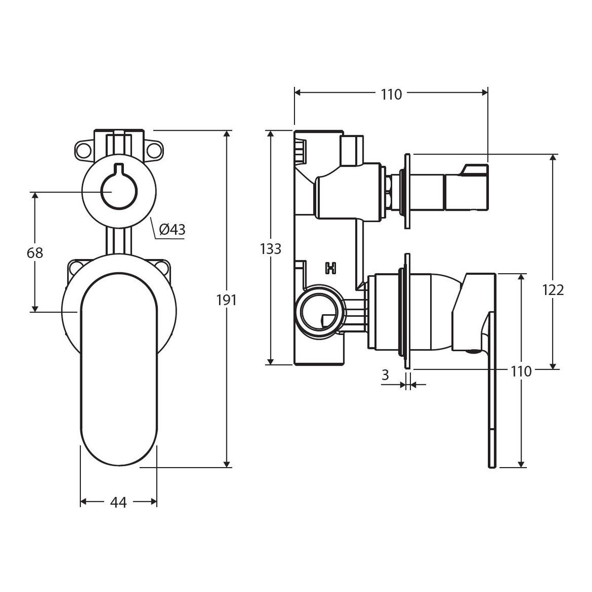 Empire Slim Wall Diverter Mixer, Small Round Plates, Vertical, Matte Black