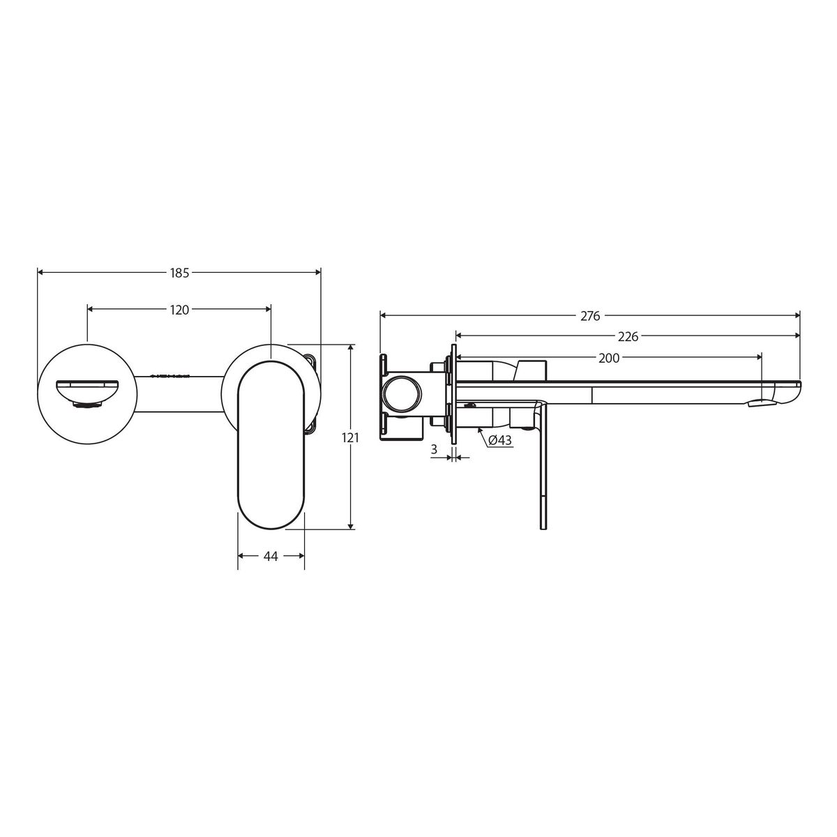 Empire Slim Basin/Bath Wall Mixer Set, Round Plates, 200mm Outlet, Chrome