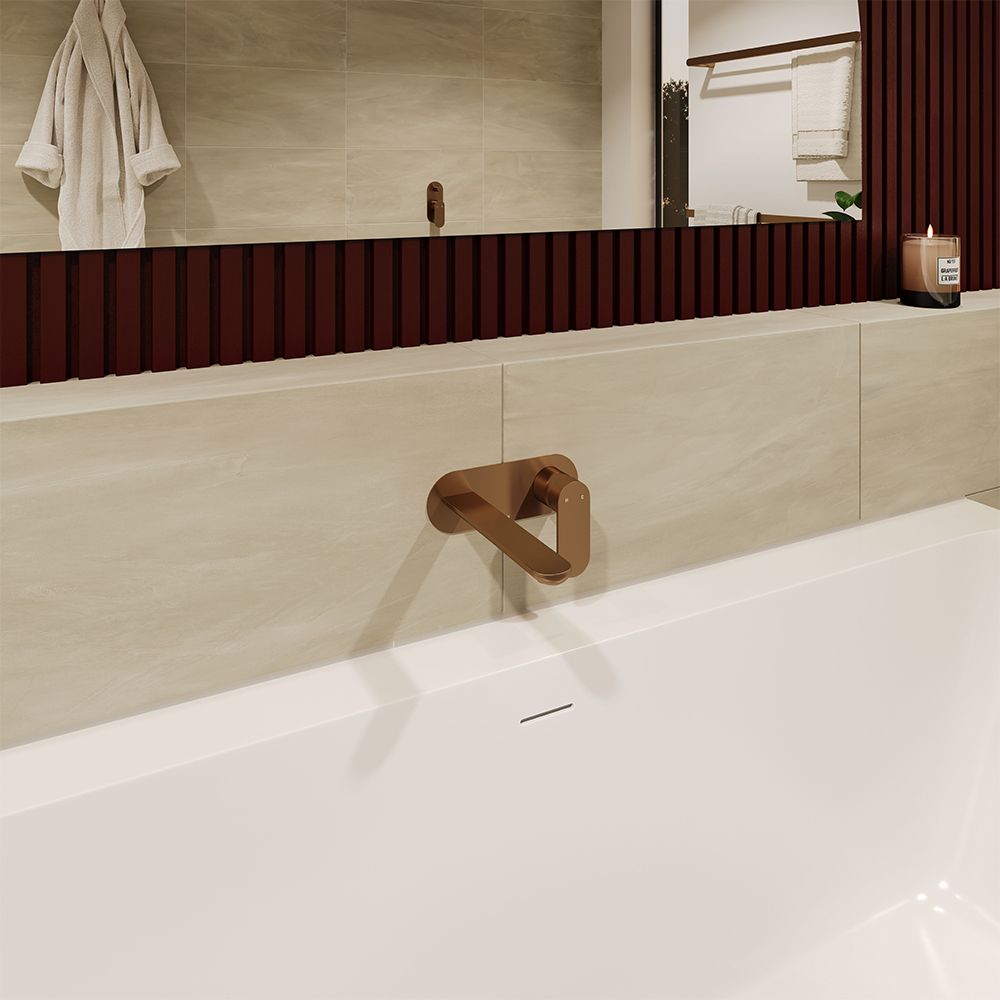 Empire Slim Basin/Bath Wall Mixer Set, Round Plates, 160mm Outlet, Brushed Copper