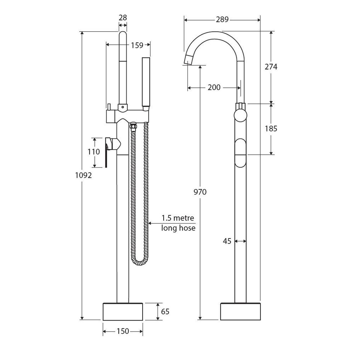 Empire Slim Floor Mounted Bath Mixer with Hand Shower, Chrome