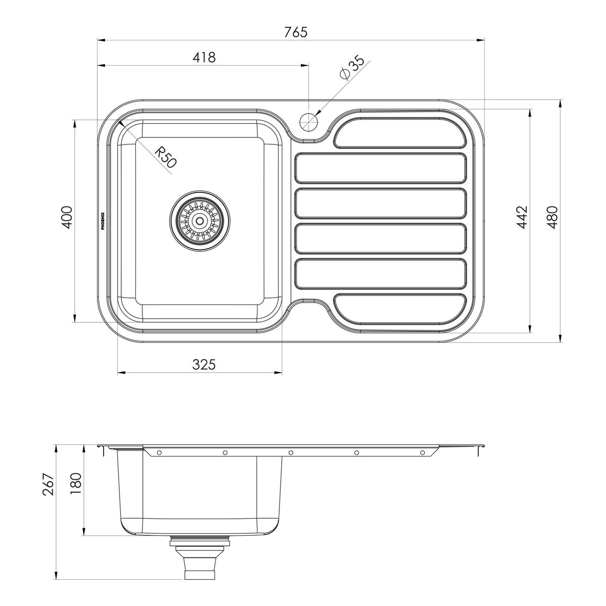 1000 Series Single Left Hand Bowl Sink with Drainer and Taphole