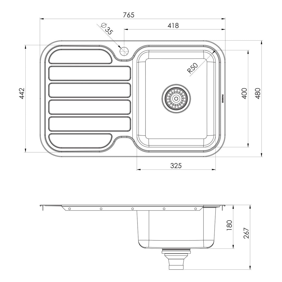 1000 Series Single Right Hand Bowl Sink with Drainer and Taphole