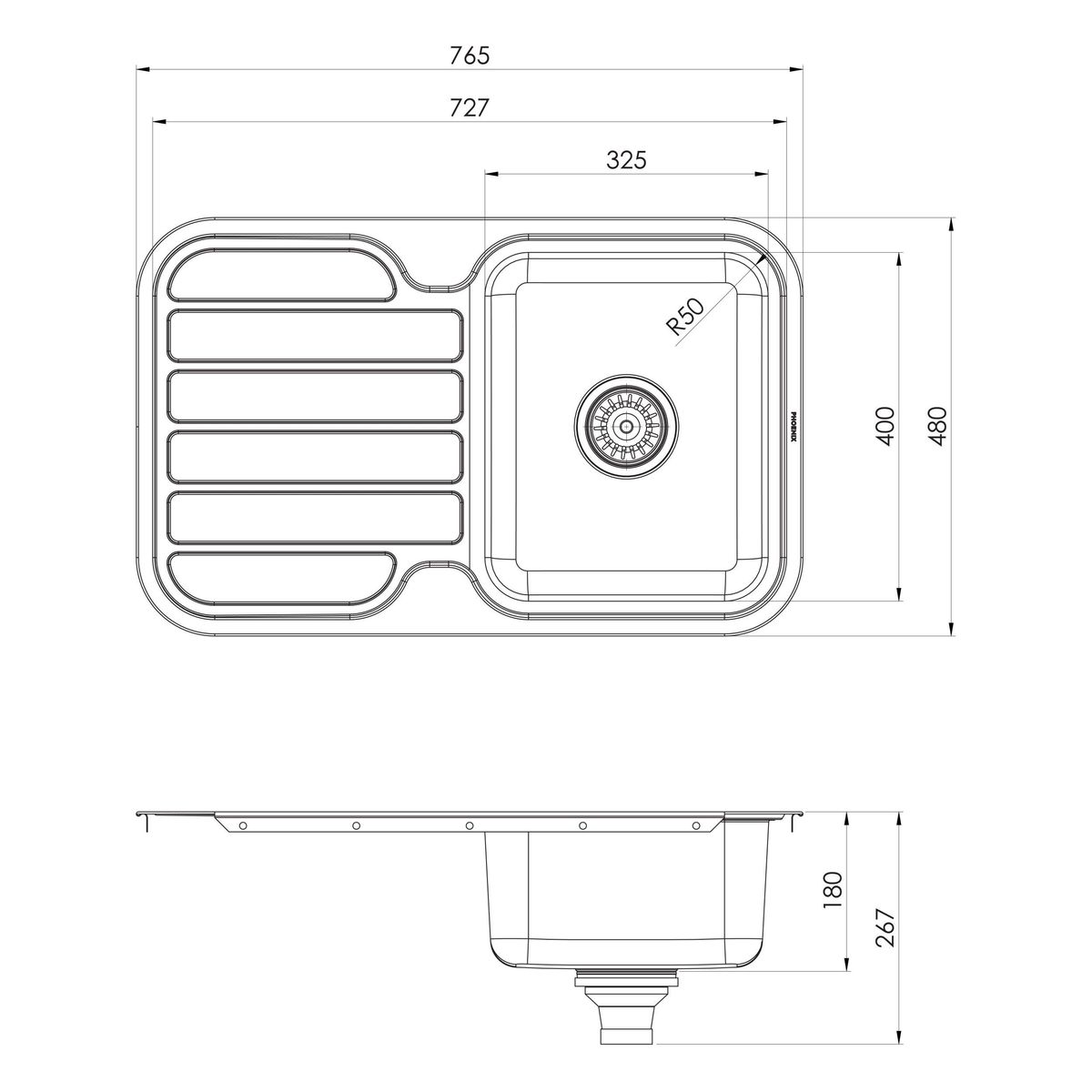 1000 Series Single Bowl Sink with Drainer and No Taphole