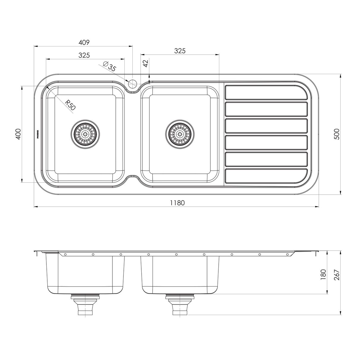 1000 Series Double Left Hand Bowl Sink with Drainer and Taphole