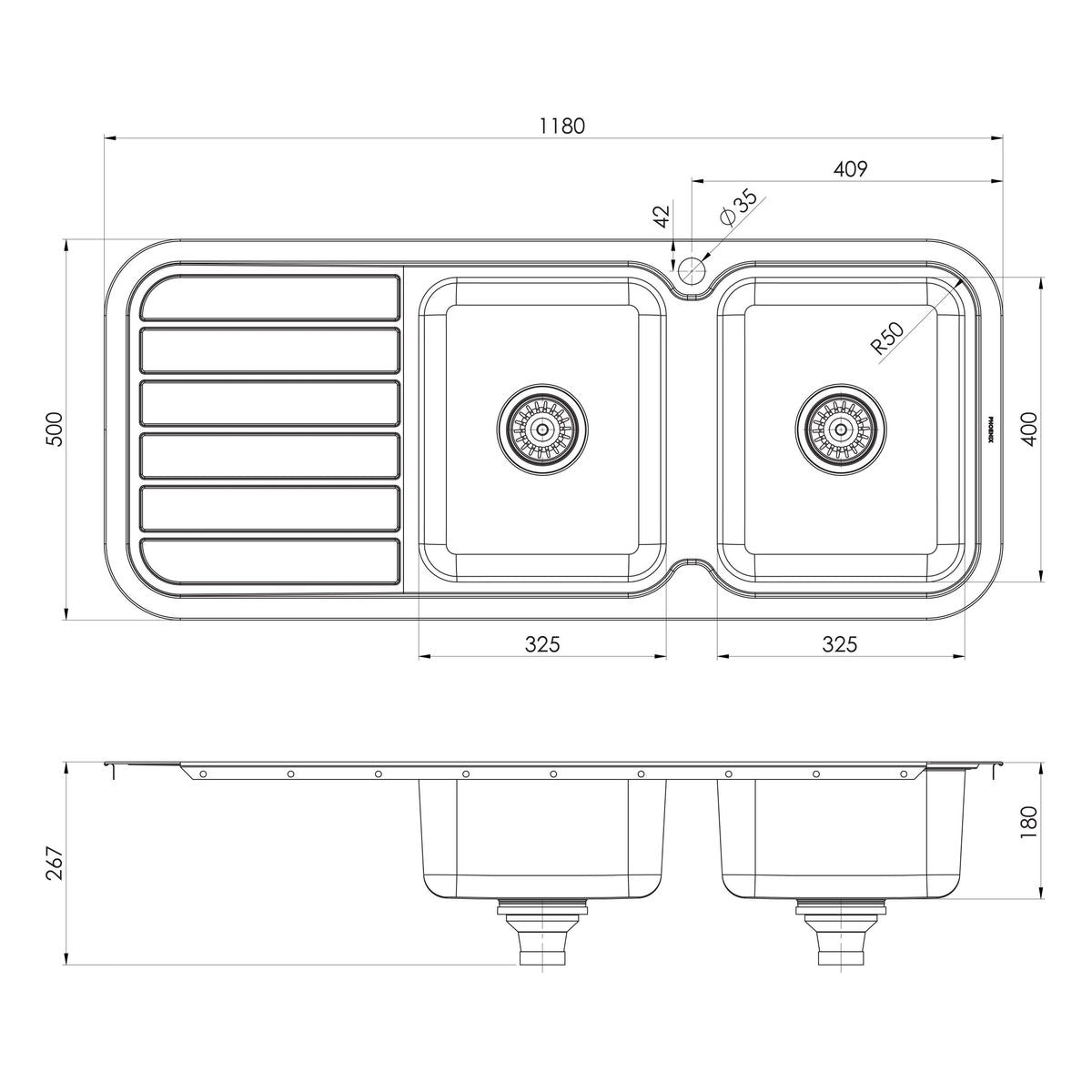 1000 Series Double Right Hand Bowl Sink with Drainer and Taphole