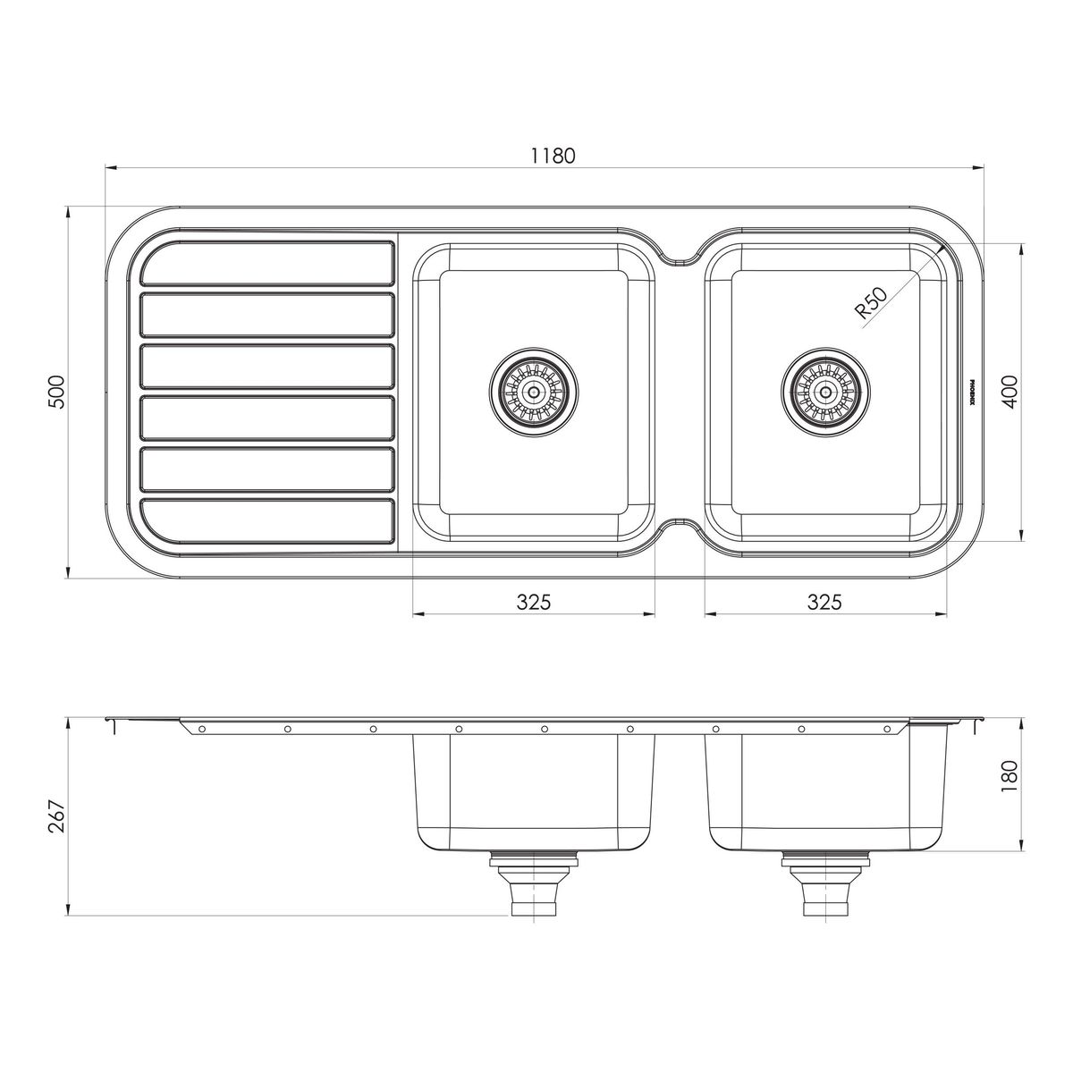 1000 Series Double Bowl Sink with Drainer and No Taphole