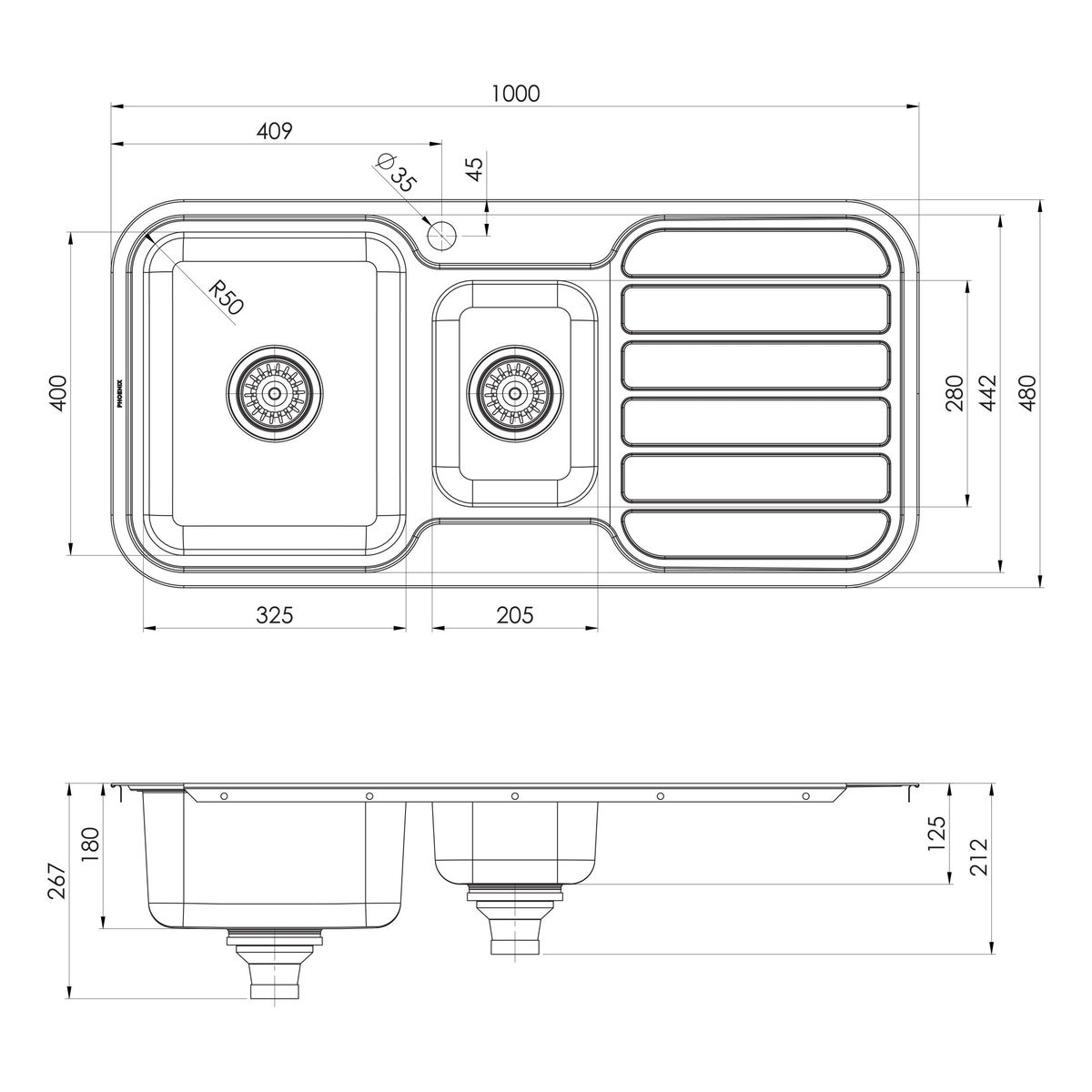 1000 Series 1 and 1/3 Left Hand Bowl Sink with Drainer and Taphole