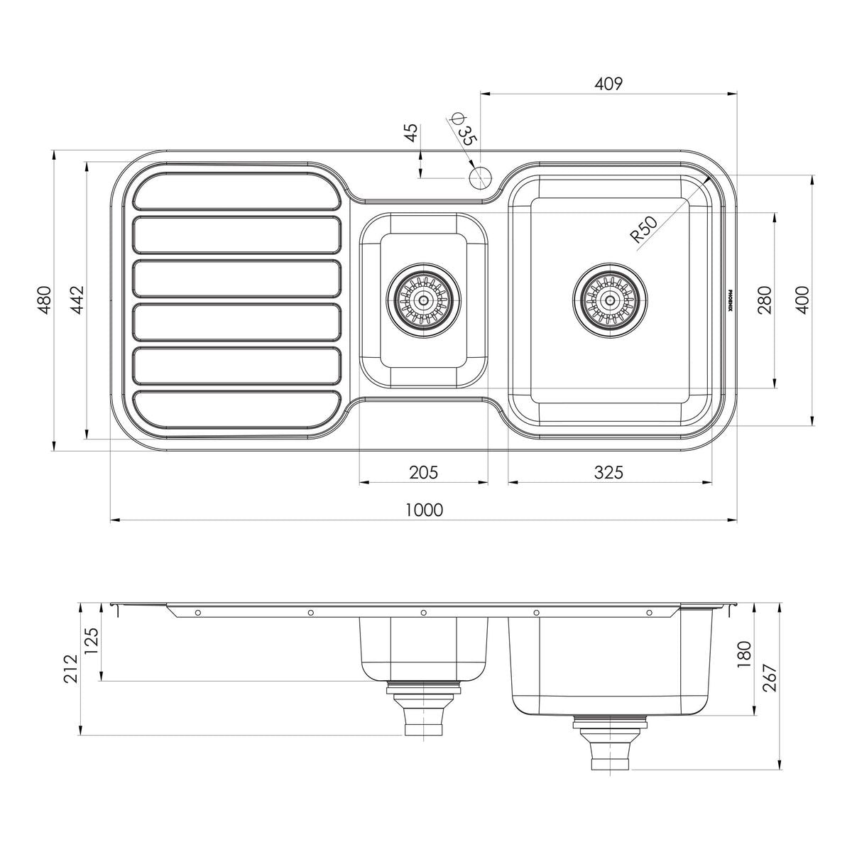 1000 Series 1 and 1/3 Right Hand Bowl Sink with Drainer and Taphole