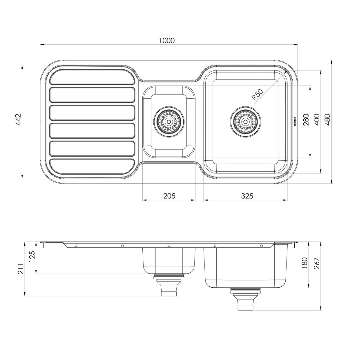 1000 Series 1 and 1/3 Bowl Sink with Drainer and No Taphole