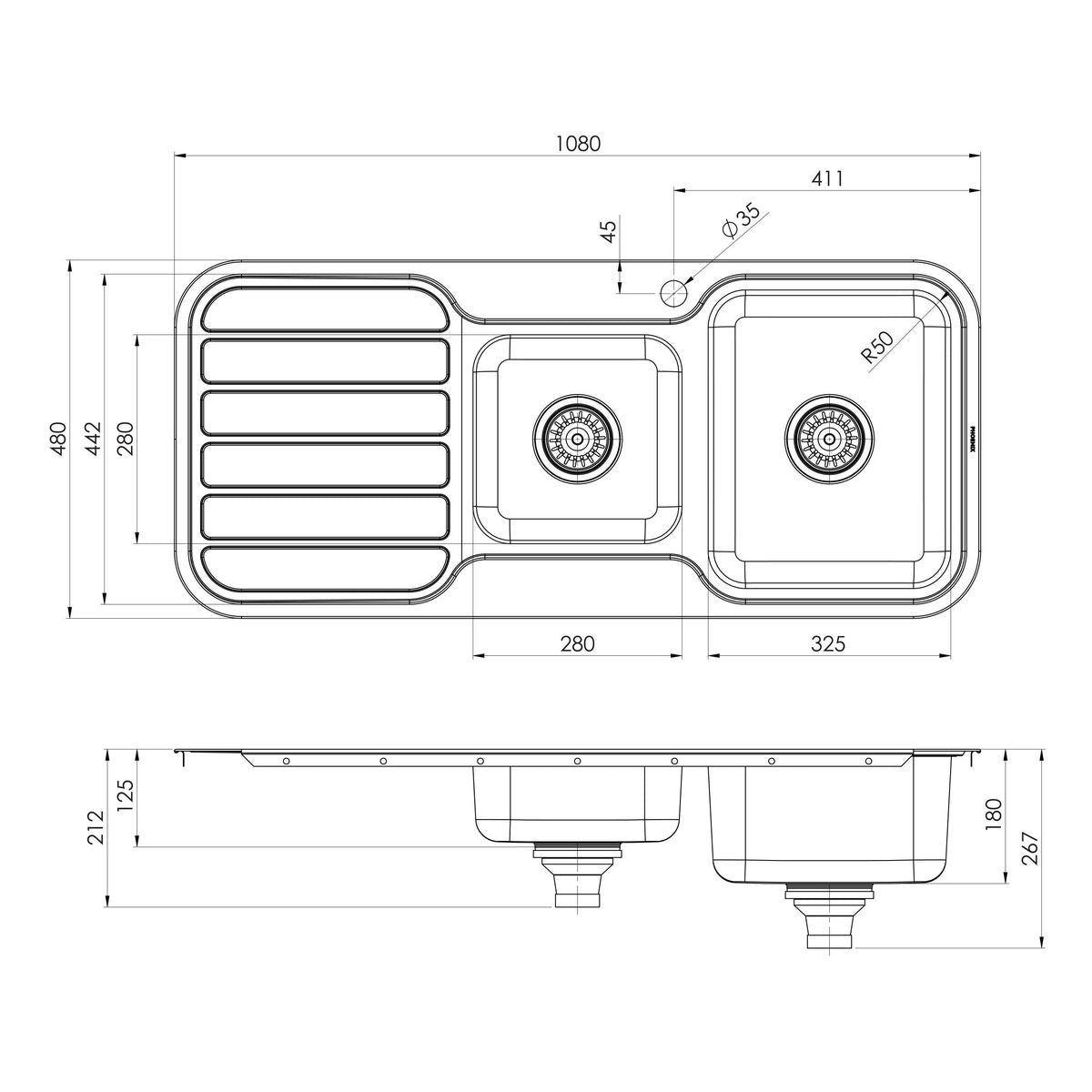 1000 Series 1 and 3/4 Right Hand Bowl Sink with Drainer and Taphole