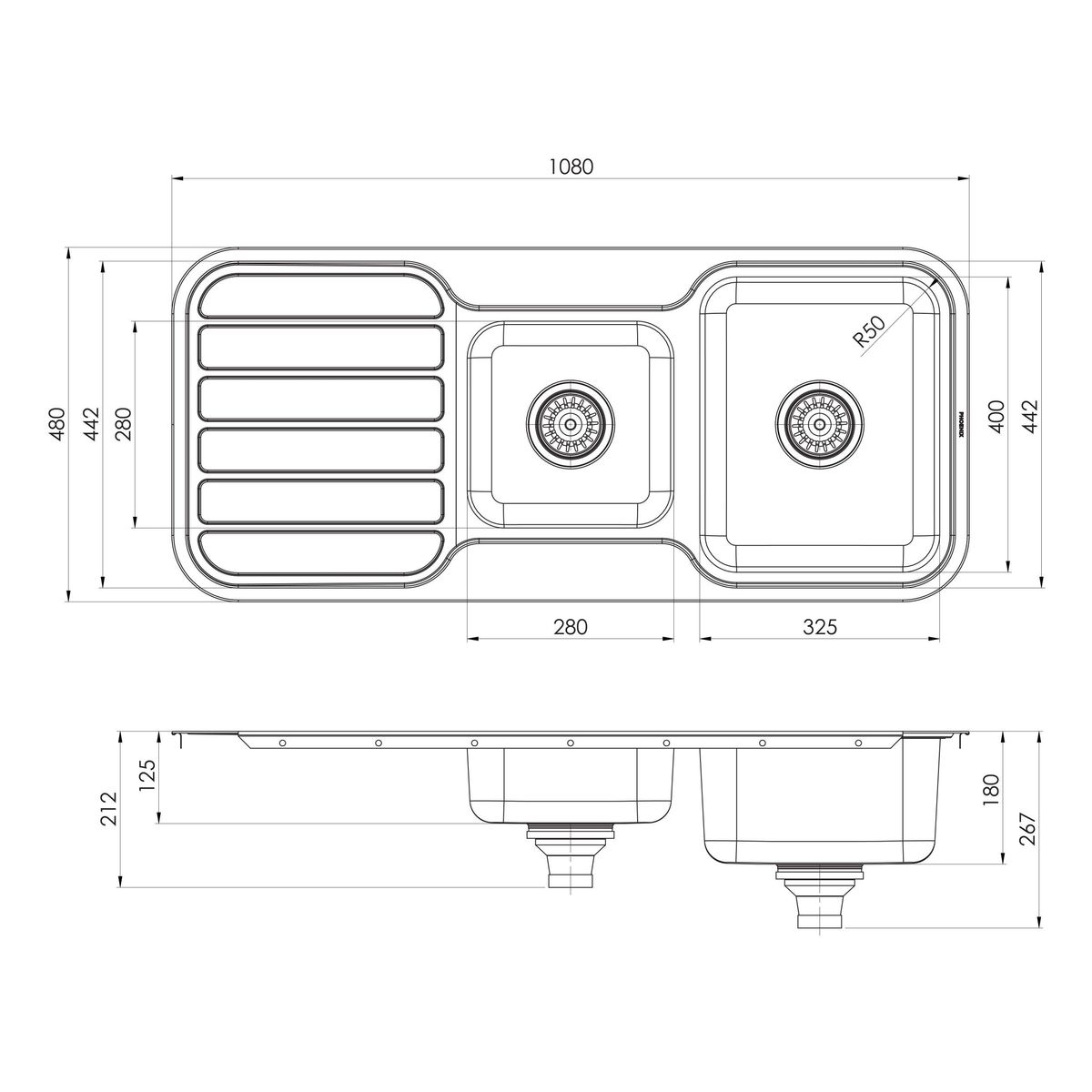 1000 Series 1 and 3/4 Bowl Sink with Drainer and No Taphole