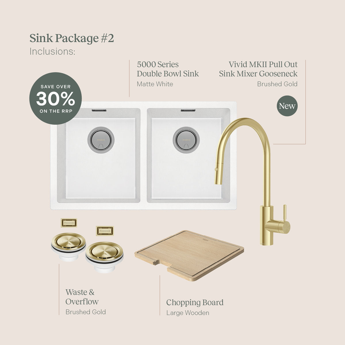 Phoenix Sink Package 2 - Matte White Sink & Brushed Gold Mixer