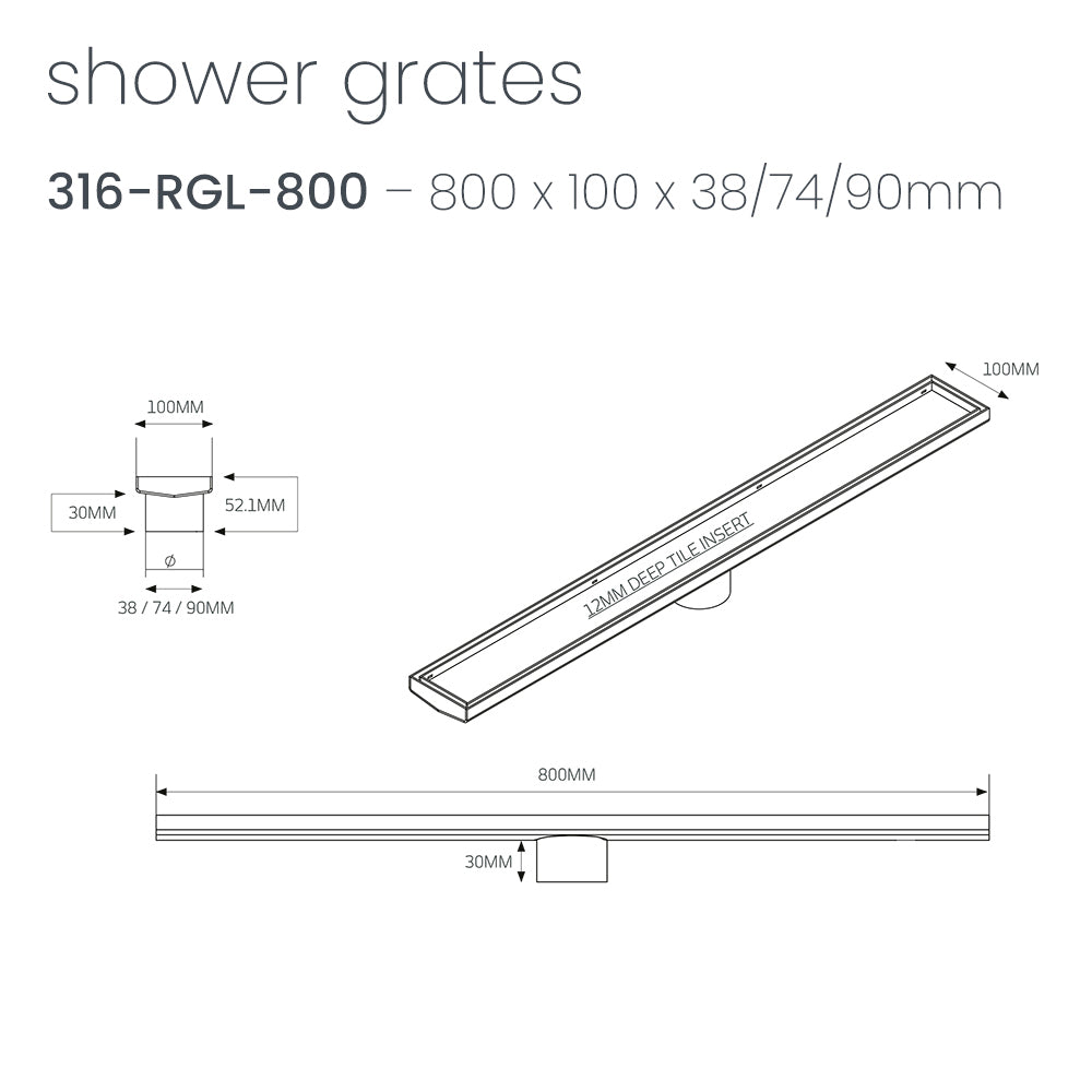 Radiant Linear Tile Insert Floor Grate (Matt Black) 100mm x 800mm (38mm Outlet)