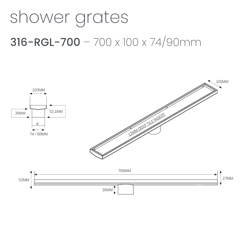 Linear Tile Insert Floor Grate 100mm X 700mm - Warm Brushed Nickel
