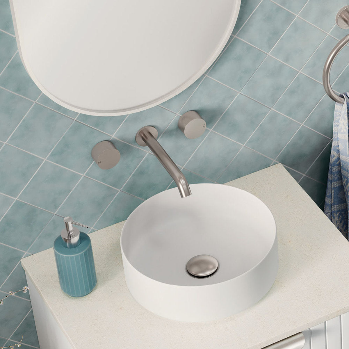 Fienza Kaya Wall Set, Round Taps, 180mm Outlet, Brushed Nickel - Lead Free