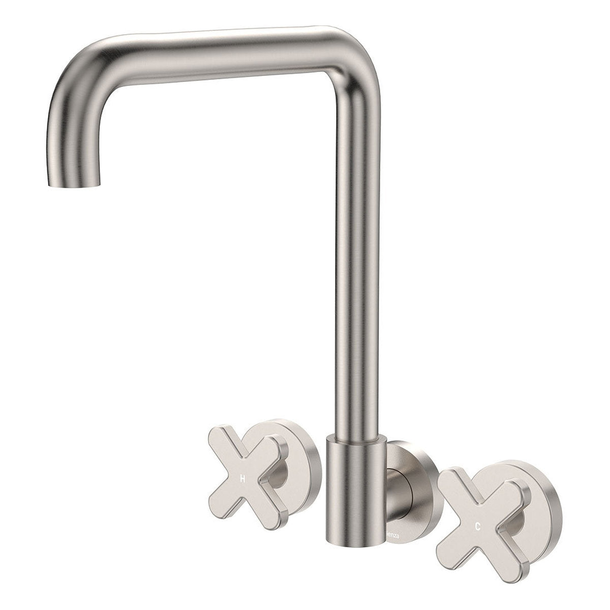 Fienza Kaya Squareline Wall Set, Cross Taps, Brushed Nickel