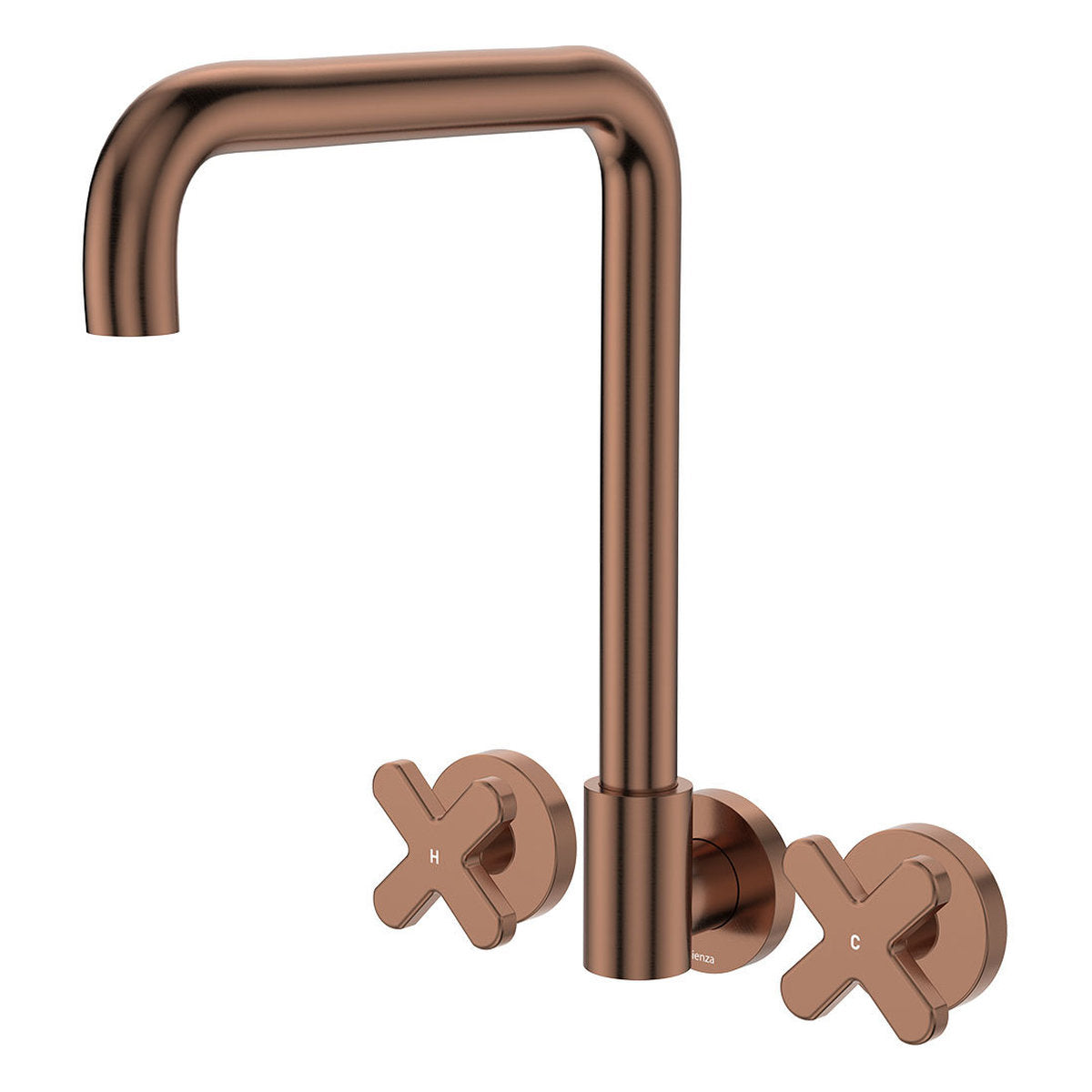 Fienza Kaya Squareline Wall Set, Cross Taps, Brushed Copper