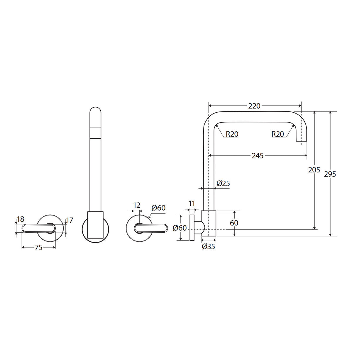 Fienza Kaya Squareline Wall Set, Lever Taps, Chrome