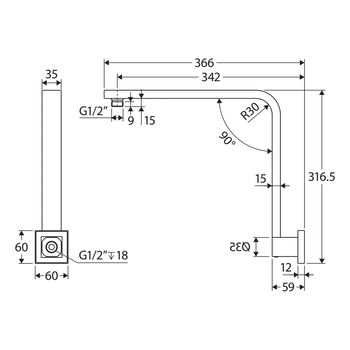Fienza Square Fixed Gooseneck Arm, Matte Black