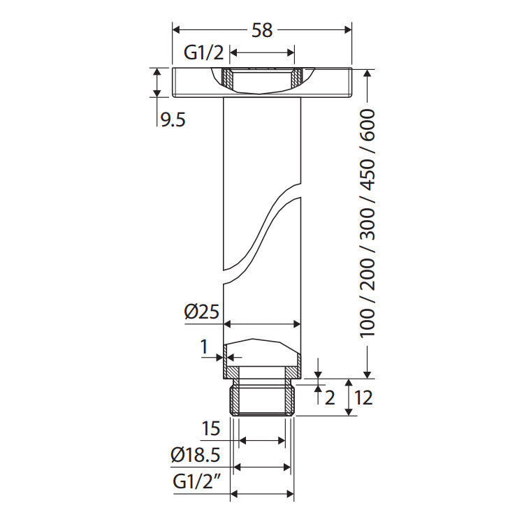 Fienza Square Ceiling Dropper, 450mm, Matte Black